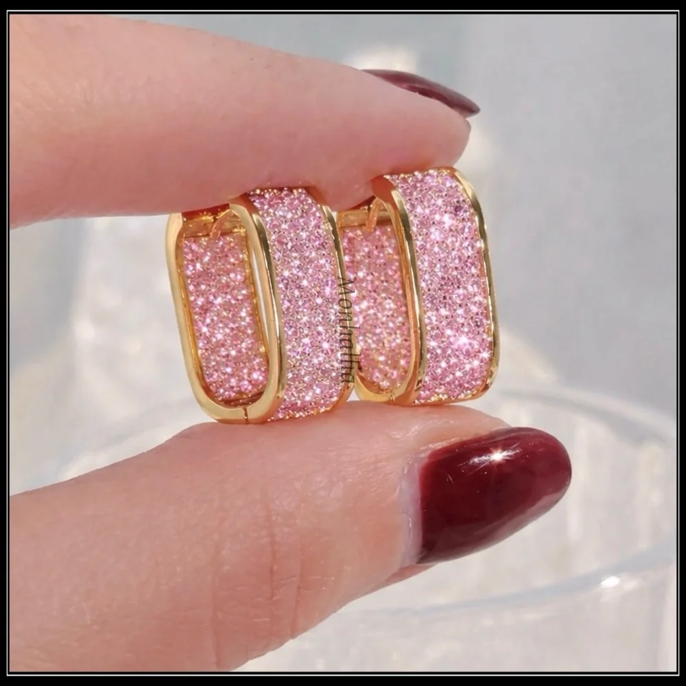 Clearance! New Blush Pink Pavé Oval Cubic Zirconia Huggie Hoop Earrings
